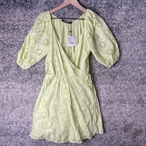 Zara Dress Womens Small Yellow Green Eyelet Embroidery Puff Sleeve Wrap Mini New